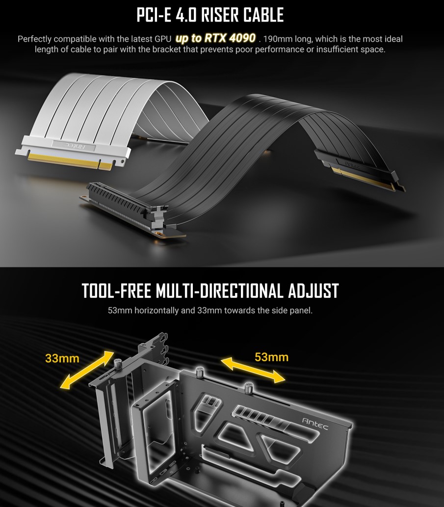 Antec Adjustable Vertical GPU Bracket and PCIE 4.0 Riser Cable Kit 190mm White x16 Speed Gold Plated extreme stability  performance. 4090 7900xt