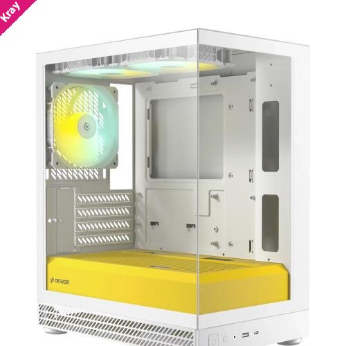 OKINOS AQUA UNO YOLK, Mini Tower, Micro-ATX/ITX, tempered glass, 3×120mm ARGB fans, USB 3.0 + Type-C, ≤309mm GPU, ≤165mm CPU cooler, steel