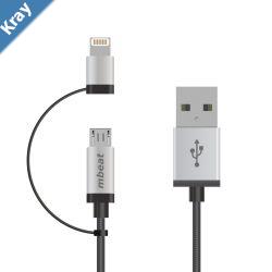 LS mbeat 1m Lightning and Micro USB Data Cable  2in1Aluminmum Shell CrushProofNylon BraidedSilver AppleAndriod Tablet Mobile Device