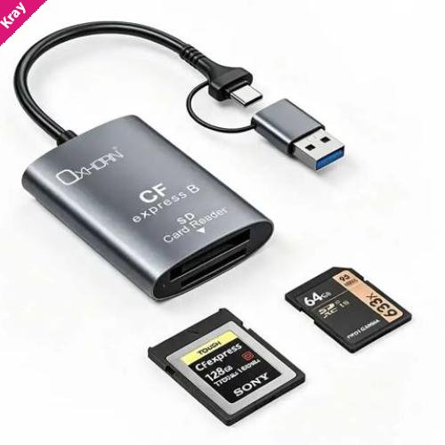 Oxhorn USB 3.2 Gen 2 10Gbps CF Express B and SD Card-reader Aluminum USB-C 3.2 USB-A 3.2 lightweight Plug-and-play Silver
