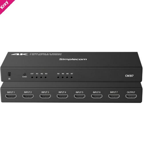 Simplecom CM317 7-Port HDMI 2.0 Switch with Remote 7 IN 1 OUT Splitter HDCP 2.2 4K@60Hz