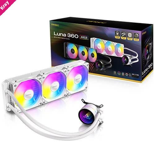 Antec Luna 360 ARGB White, 360mm AIO, 3x120mm ARGB PWM Fans, 800-1800RPM, 67.62CFM, Intel LGA1700/1851, AMD AM4/AM5, 2Y Warranty
