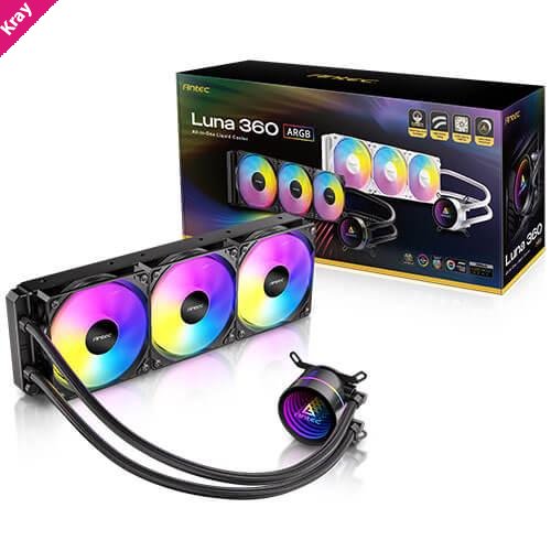 Antec Luna 360 ARGB Black, 360mm AIO, 3x120mm ARGB PWM Fans, 800-1800RPM, 67.62CFM, Intel LGA1700/1851, AMD AM4/AM5, 2Y Warranty