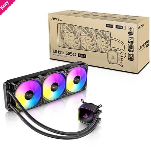 Antec Ultra 360 ARGB - Black, 360mm AIO, ARGB PWM fans, 1800RPM, 67.62 CFM, 2.09mmH₂O, Intel/AMD, 2-Year Warranty