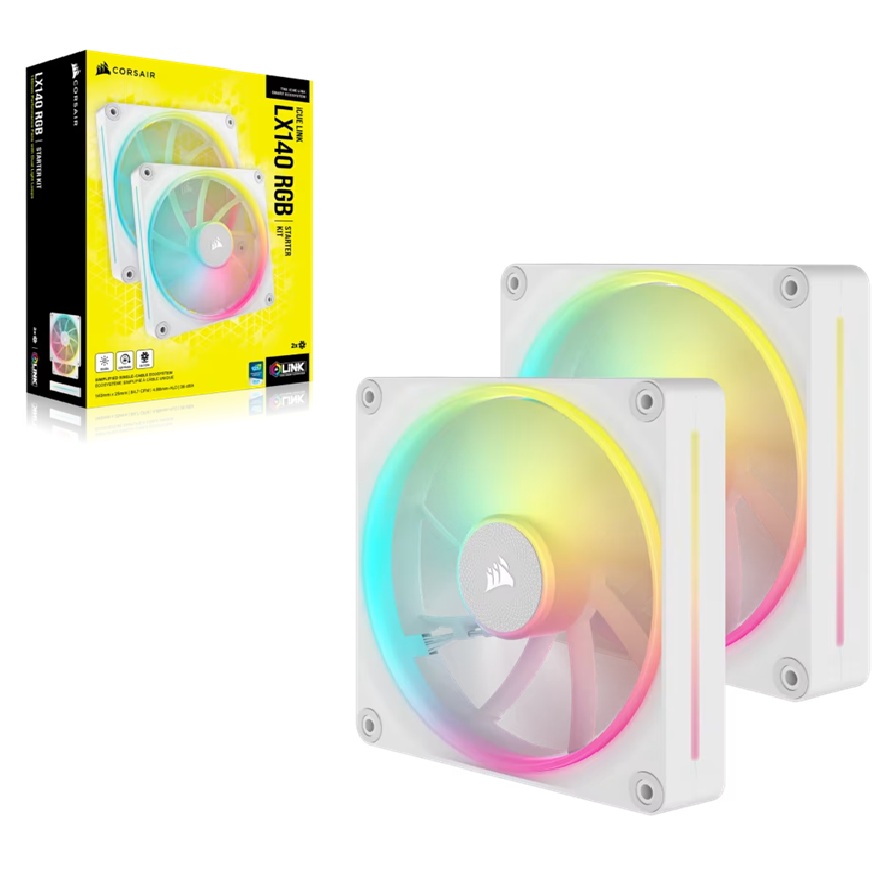 Corsair LX140 White Dual iCUE LINK LX140 RGB 140mm PWM Fans Starter Kit  White