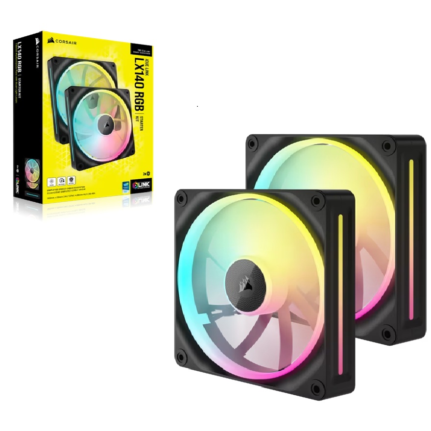 Corsair iCUE LINK LX140 RGB 140mm PWM Fans Starter Kit BLACK Dual Pack FAN SIZE 140mm x 25mm LED Color RGB FIVEYEAR WARRANTY
