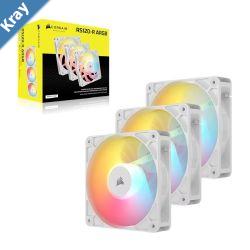 Corsair RS120R ARGB 120mm PWM Reverse Fans Triple Pack  White 3x RGB Fans 2100 RPM 65.82 CFM Static Pressure Magnetic Dome Bearing PWM Control