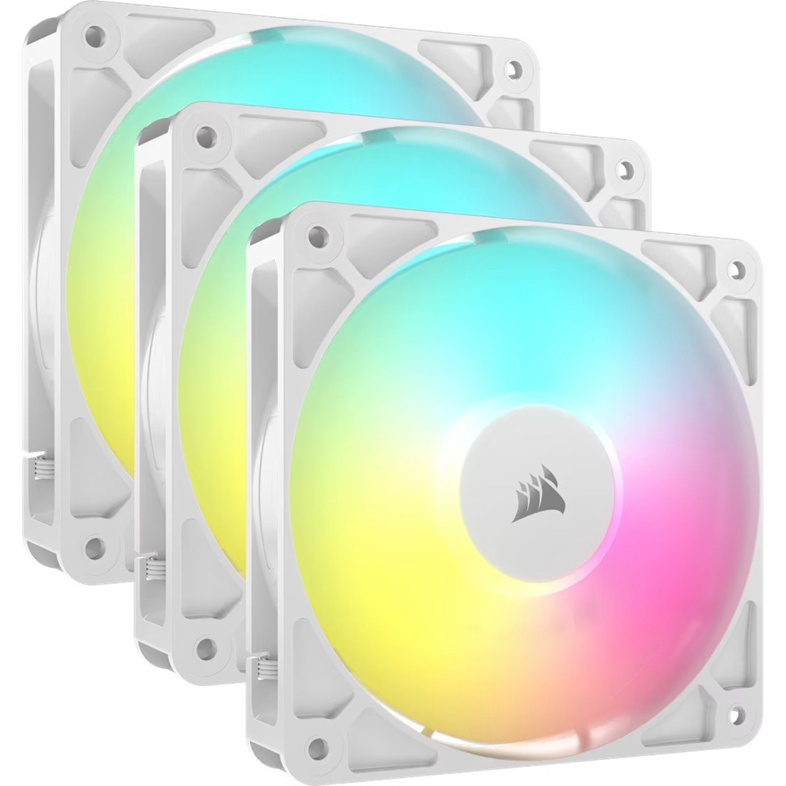 Corsair RS120 ARGB 120mm PWM Fans  Triple Pack  White 72.8 CFM 2100 RPM 36 dBA 0.4A RGB lighting Static Pressure Magnetic Dome Bearing