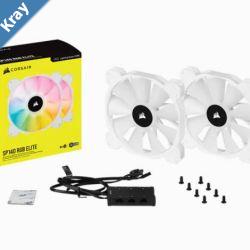 Corsair White SP140 RGB ELITE 140mm RGB LED Fan with AirGuide 68 CFM Dual Pack with Lighting Node CORE