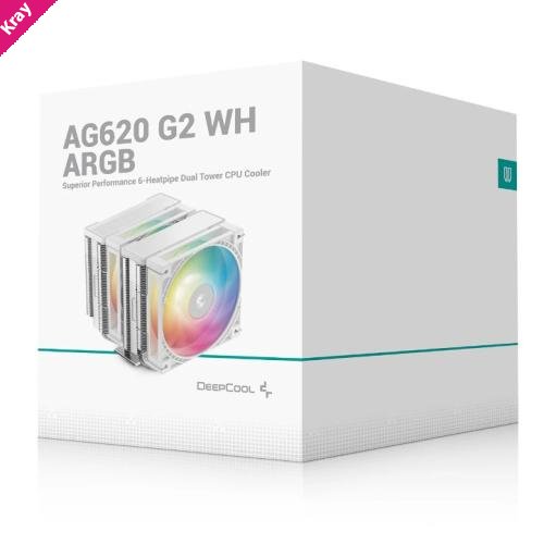 DeepCool AG620 ARGB G2 WH Dual-Tower CPU Cooler, 2x 120mm Fan, 6 Copper Heat Pipes, Intel LGA2066/2011-v3/2011/1700/1200/1151/1150/1155 AMD AM5/AM4