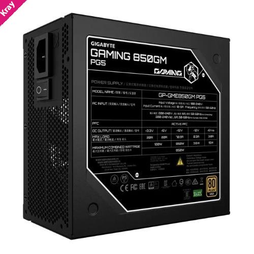 GIGABYTE GAMING 850GM PG5 850W 80+ Gold ATX3.1 PCIe5 16pin APFC 90% 135mm FDB 2xEPS 4xPCIe 8xSATA OVP OPP SCP UVP OCP OTP 100k MTBF FM