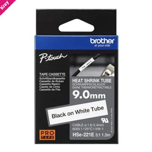 Brother HSE-221E 9.0MM BLACK ON WHITE HEAT SHRINK TUBE CATRIDGE 3:1 (compatible with PT-E300VP/E550WVP/D800W/P750W/P900W/P950NW)
