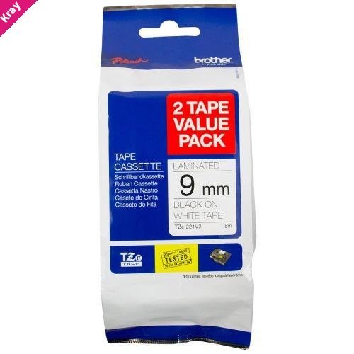 Brother TZE-221V2-TWINPACK - 9MM BLACK ON WHITE TWIN PACK TZE TAPE