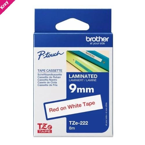 Brother TZE-222 - 9MM RED ON WHITE TZE TAPE