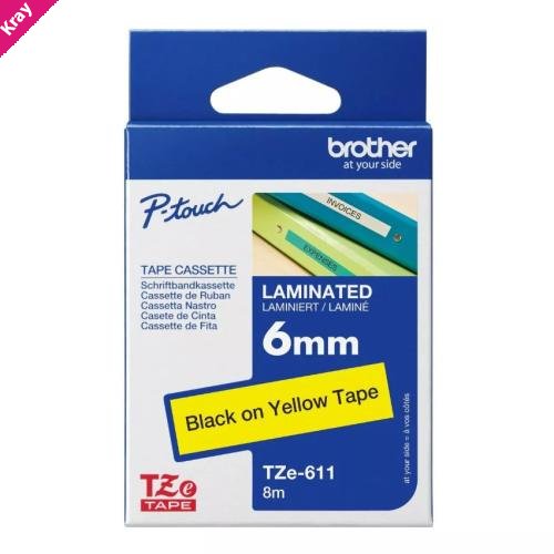 Brother TZE-611 - 6MM BLACK ON YELLOW TZE TAPE