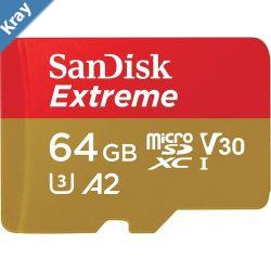 SanDisk Extreme microSDXC SQXAH 64GB V30 U3 C10 A2 UHSI 170MBs R 80MBs W 4x6 SD adaptor Lifetime Limited Action CamDrone SKU