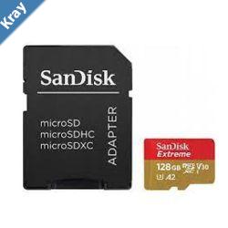 SanDisk Extreme microSDXC SQXAA 128GB V30 U3 C10 A2 UHSI 190MBs R 90MBs W 4x6 SD adaptor Lifetime Limited Action Cam