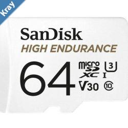 SanDisk High Endurance 64GB microSD 100MBs 40MBs 5K hrs 4K UHD C10 U3 V30 40C to 85C Heat Freeze Shock Temperature Water Xray Proof SD Adapter