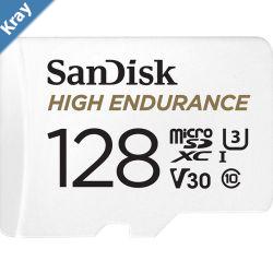 SanDisk High Endurance 128GB microSD 100MBs 40MBs 10K hrs 4K UHD C10 U3 V30 40C to 85C Heat Freeze Shock Temperature Water Xray Proof SD Adapter