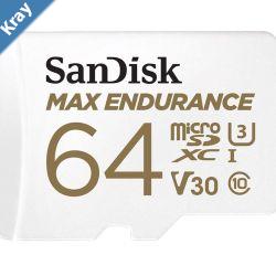 SanDisk Max Endurance 64GB microSD 100MBs 40MBs 20K hrs 4K UHD C10 U3 V30 40C to 85C Heat Freeze Shock Temperature Water Xray Proof SD Adapter