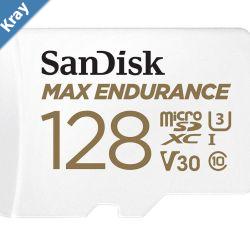 SanDisk Max Endurance 128GB microSD 100MBs 40MBs 20K hrs 4K UHD C10 U3 V30 40C to 85C Heat Freeze Shock Temperature Water Xray Proof SD Adapter