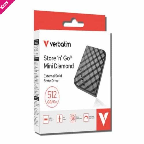 Verbatim 32024 Store’n’Go Mini Diamond SSD USB-C 512GB, USB 3.2 Gen 2, 1000MB/s Read/Write, USB Flash Drive, External SSD