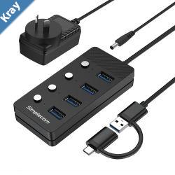 Simplecom CH345C SuperSpeed USBA and USBC to 4Port USB 3.0 Hub 5Gbps Individual Switches and Power Adapter