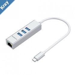 Simplecom CHN421 Silver Aluminium USBC to 3 Port USB HUB with Gigabit Ethernet Adapter