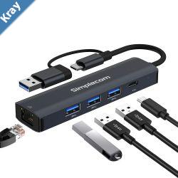 Simplecom CHN436 USBC and USBA to 4Port USB HUB with Gigabit Ethernet Adapter