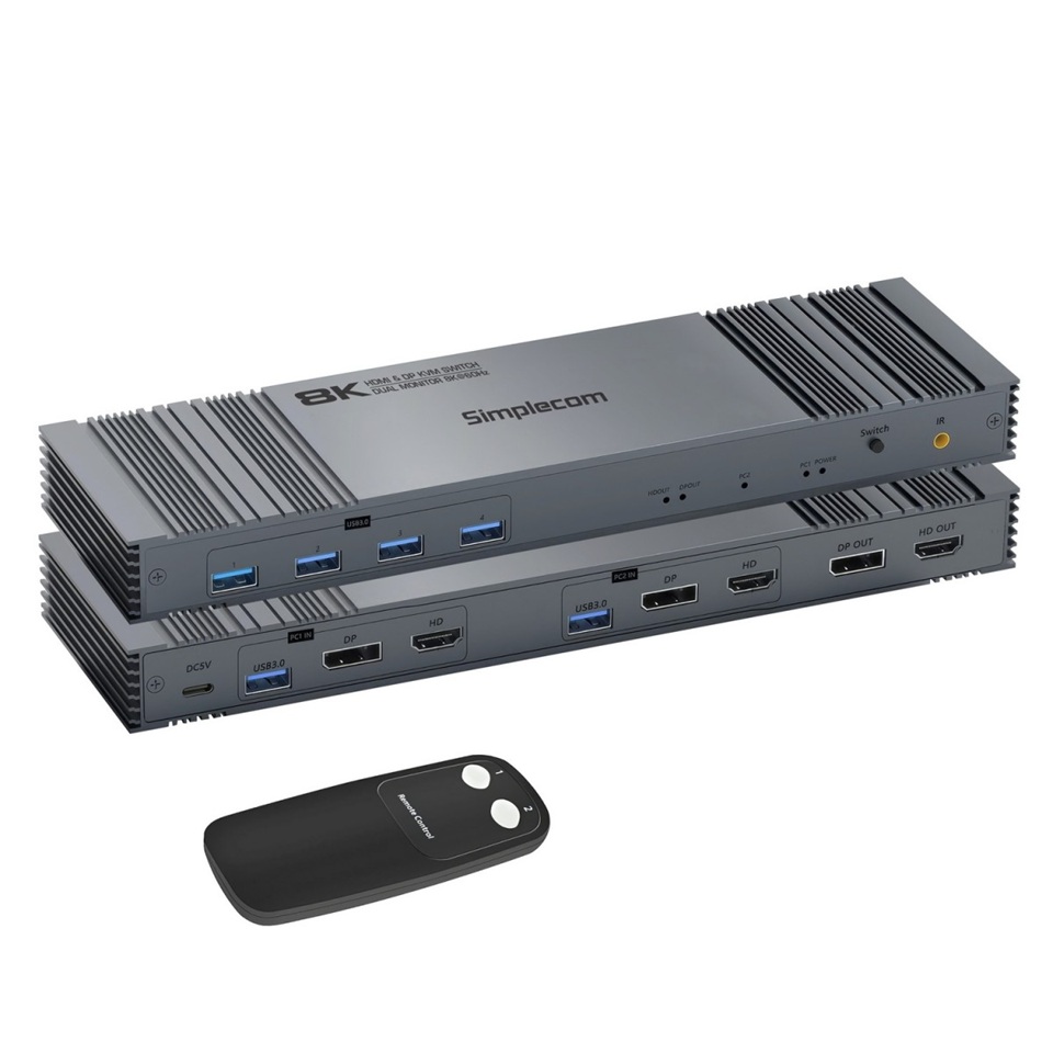 Simplecom KM490 HDMI and DisplayPort Dual Monitor KVM Switch for 2 Computers with 4Port USB 3.0 Hub 5Gbps 8K60Hz Simplecom KM490 HDMI and DisplayPort Dual Monitor KVM Switch for 2 Computers with 4Port USB 3.0 Hub 5Gbps 8K60Hz