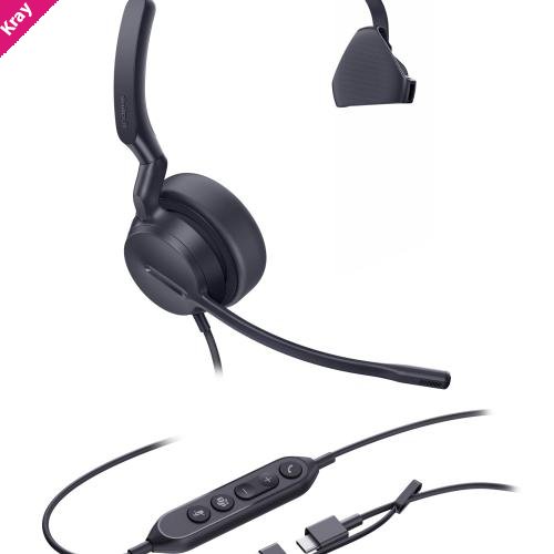 YealinkUH42 Mono UC USB-C/A USB Wired Headset, Noise-Canceling Microphone, Leather Ear Cushions, Controller, USB-C  cord with USB-A adapter