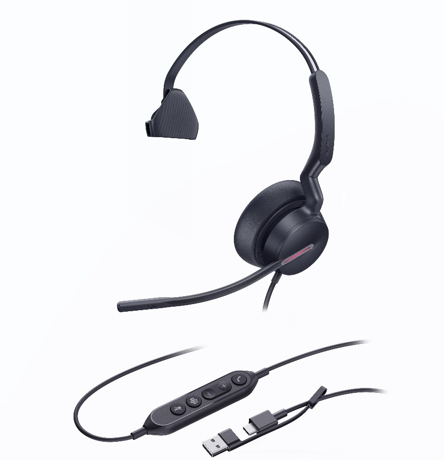 Yealink UH46 Mono Teams USBCA Microsoft Certified Teams USB Wired Headset 3NoiseCanceling Microphones 35mm Speaker Busylight Leather Controller