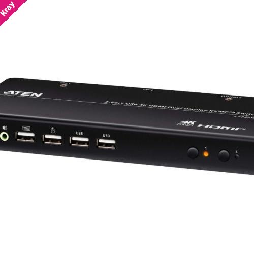 Aten Desktop 2-Port USB 4K HDMI Dual-Display KVMP™ Switch, up to 4096 x 2160 @ 60 Hz, Video DynaSync™, (Cables included)