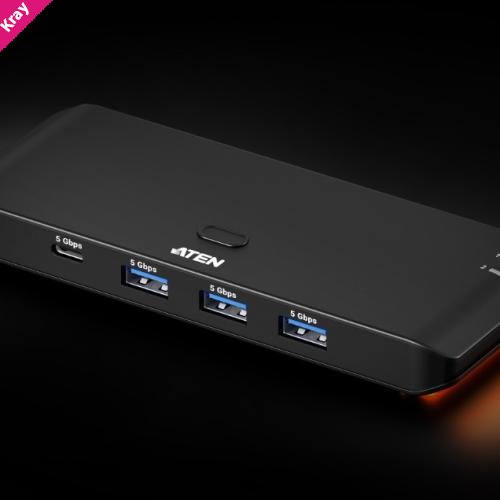 Aten Essential 2x4 USB 3.2 Gen 1 Sharing Switch (Host Type: A+C), USB Type-C host, 5 Gbps data transfer, Quick switch via pushbutton or Remote