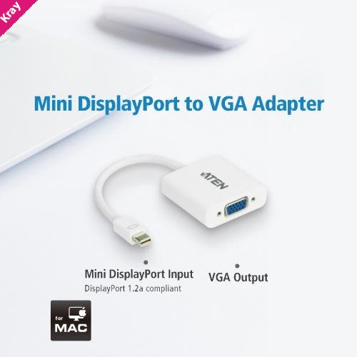 Aten Mini DisplayPort to VGA Adapter , Supports VGA, SVGA, XGA, SXGA, UXGA and resolutions up to 1920x1200(PC) / 1080p(HDTV)