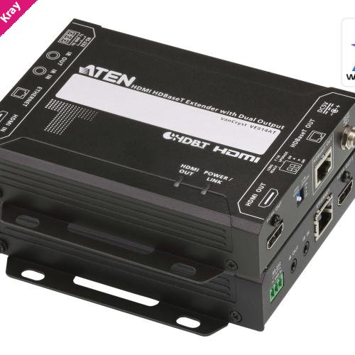 Aten HDMI HDBaseT Extender with Dual 4K Output, one local HDMI output, supports up to 4K@70m (Cat 5e/6) and 100m (Cat 6A), extends RS232 and IR