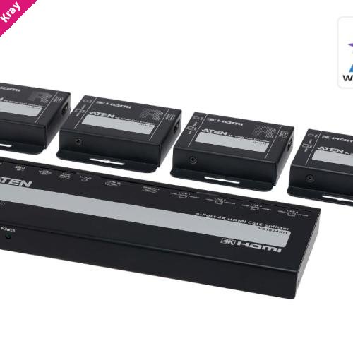 Aten VS1824KIT-AT-U 4-Port 4K HDMI Cat 6 Splitter with Receivers, 1 splitter and 4 receivers, Supports up to 4K @ 30 Hz, Power over Cable (PoC)