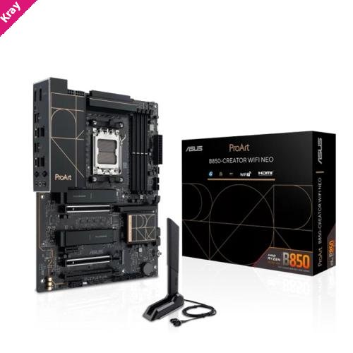 ASUS AMD ProArt B850-CREATOR WIFI NEO, AM5, 4DIMM, 256GB DDR5, 8400+MT/s, 2x PCIe5.0  x16, 3xM.2, WiFi7, dual 5GbE, USB 20Gbps, HDMI2.1, DP1.4