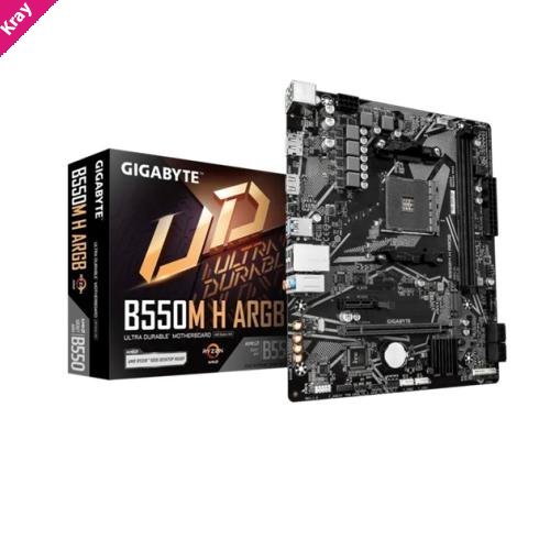 Gigabyte B550M H ARGB Micro-ATX AMD B550 motherboard with AM4 support, PCIe 4.0, DDR4 up to 5100MHz OC, HDMI 2.1, DP 1.4, M.2, and Gigabit LAN
