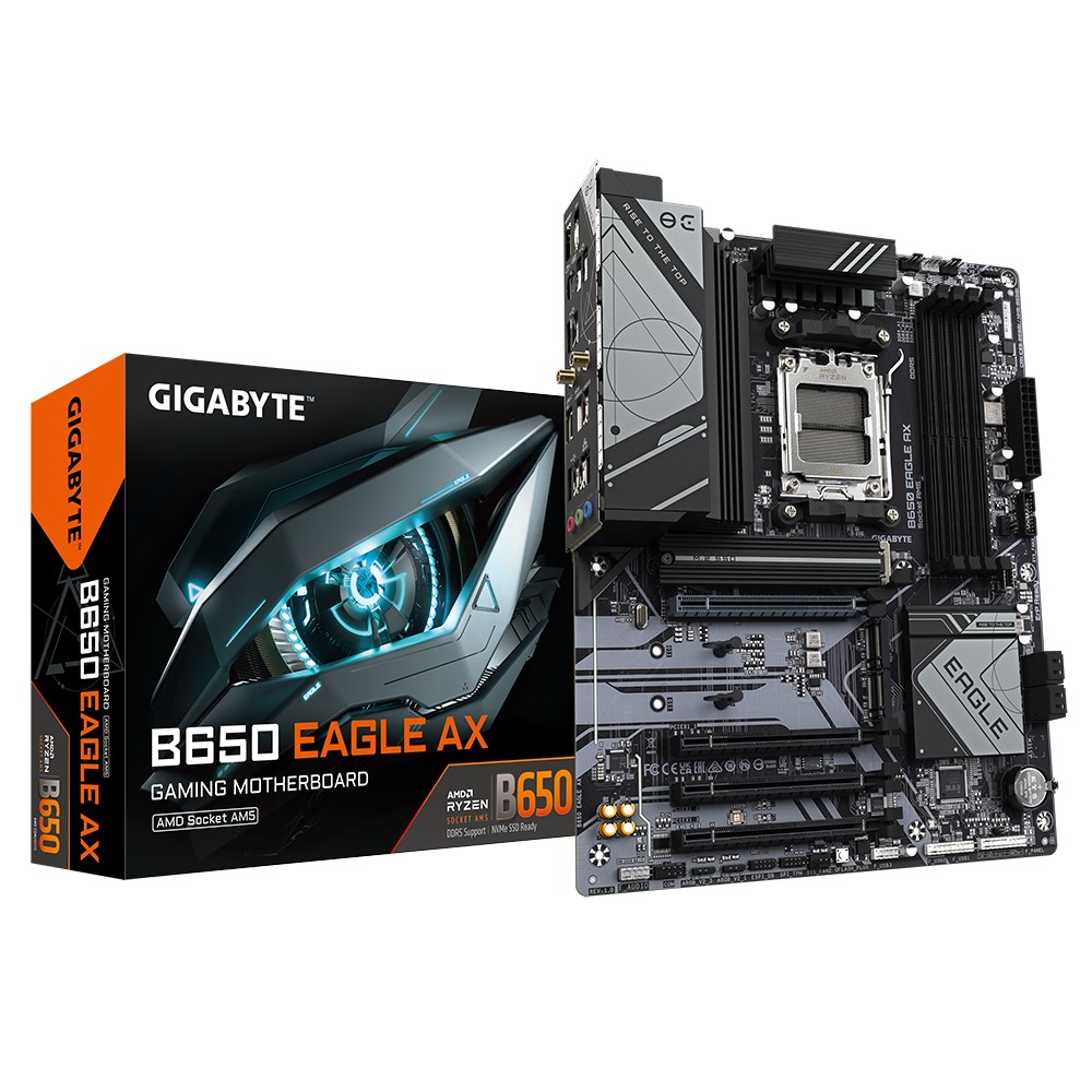 Gigabyte B650 EAGLE AX AM5 4 x DDR5 up to 256 GB  1 x HDMI port 4x PCI Express x16 3x  M.2. 4x USB 3.2