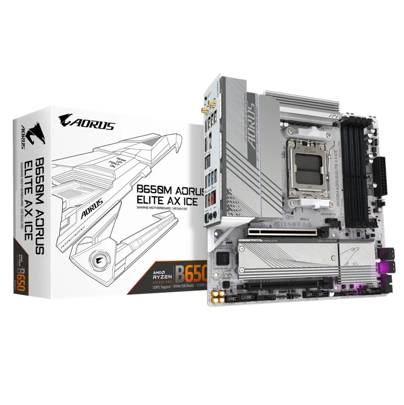 Gigabyte B650M AORUS ELITE AX ICE AMD B650 AM5 ATX Motherboard 4x DDR5192GB3x PCIe x16 3x M.2 4x SATA 6 2x USB 3.2 1x USBC 2x USB 2.0