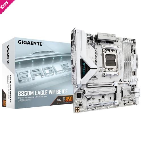 Gigabyte B850M EAGLE WF6E ICE, AMD AM5, 4 x DDR5 up to 256 GB,  1 x HDMI, 1 x PCI Express x16, 2 x M.2, 4 x SATA, 1x USB 3.2