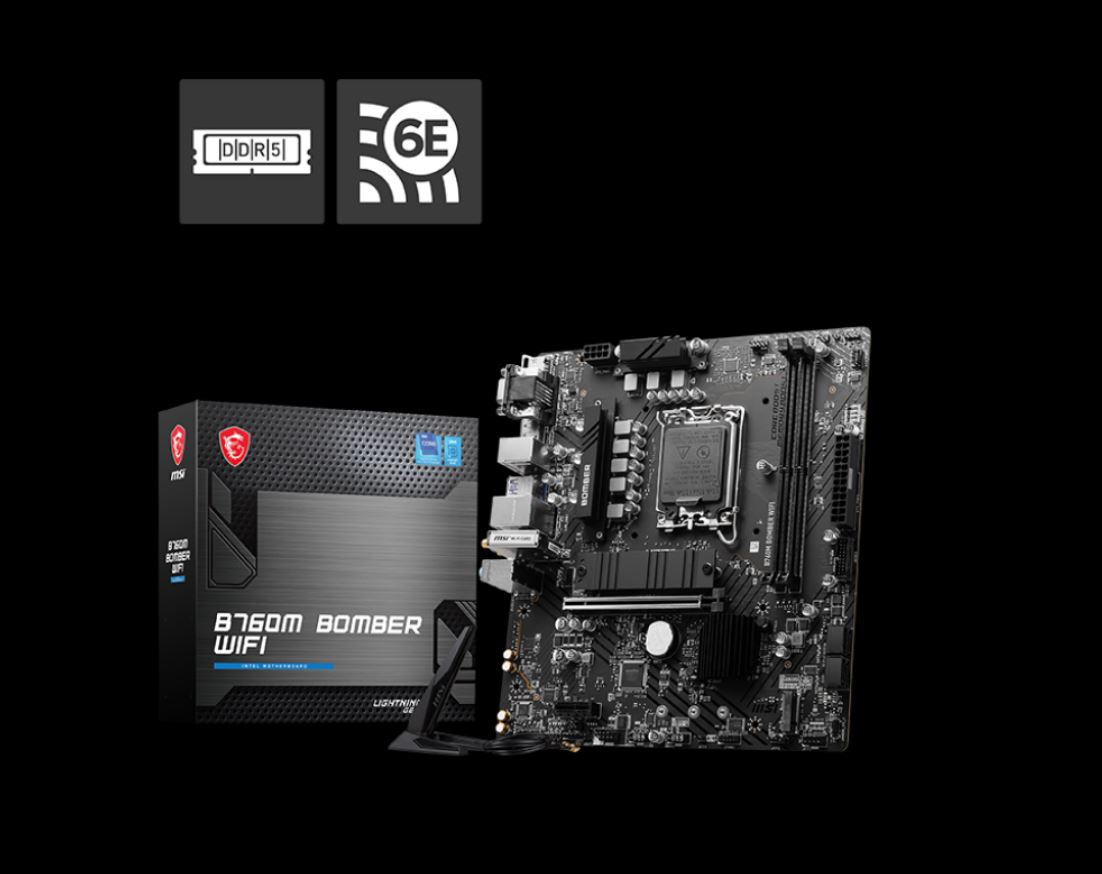 MSI PRO B760M BOMBER WIFI  mATX Motherboard 4x DDR5128GB 2x PCIE x 16 1x PCIE x 1 2x M.2 4x SATA 4x USB 3.2  2x USB 2.09