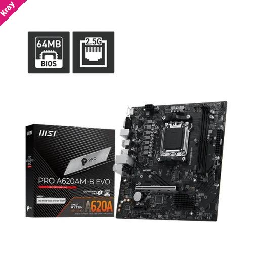 MSI PRO A620AM-B EVO ATX Motherboard, AM5, AMD A620A, 2xDDR5 128GB, PCIe4.0 x16, 1xM.2, 2xSATA, HDMI/VGA, 2.5G LAN, ATX