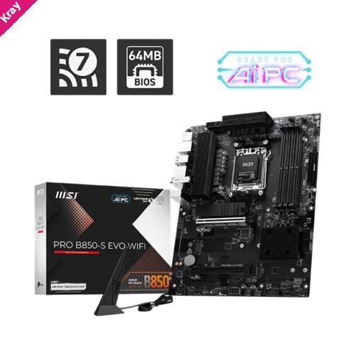 MSI PRO B850-S EVO WIFI, AMD B850, AM5, Ryzen 9000/8000/7000, 4xDDR5 256GB 8200+MT/s OC, PCIe 5.0 x16, 3xM.2, 5G LAN, Wi-Fi 7, 3yr wty