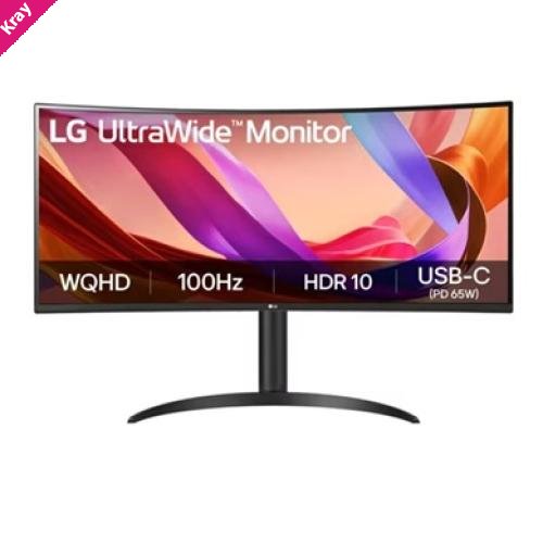 LG 34' UltraWide™ 100Hz WQHD Curved (1800R) Monitor, 3440x1440, 3-side Virtually Borderless Design, sRGB 99%, HDR10, USB-C 65W PD