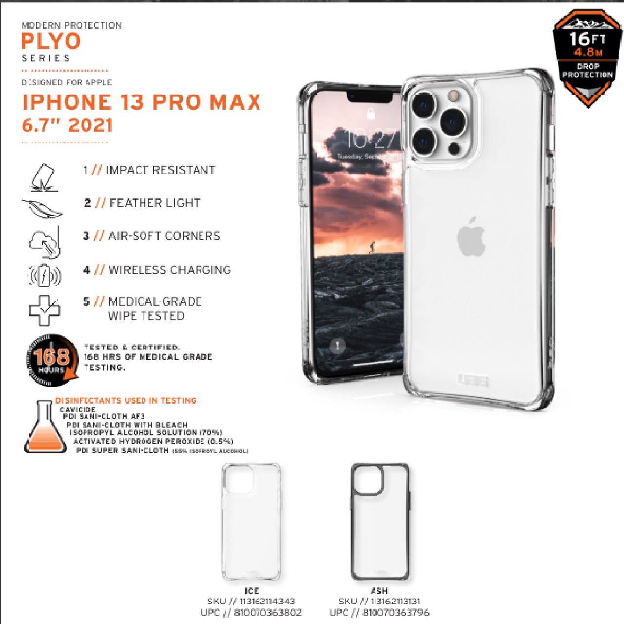 UAG Plyo Apple iPhone 13 Pro Max Case  Ice 113162114343 16ft. Drop Protection 4.8M Raised Screen Surround Armored Shell AirSoft Corners