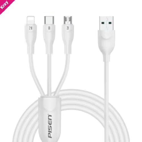 Pisen 3-in-1 USB-A to Lightning + USB-C + Micro-USB Cable (1.2M) White - 6A Superfast, Samsung Galaxy,Apple iPhone,iPad,MacBook,Google,OPPO,Nokia