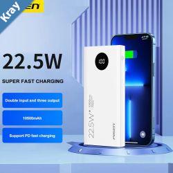 Pisen 22.5W Triple Port Dual USBA  USBC 10500mAh Power Bank White  Charge 3 Devices at the Same Time Intelligent LED Display PD Fast Charging