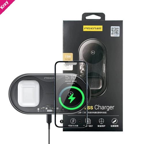 Pisen 2-in-1 Wireless Charging Station- XY-C18/Black,Supports Qi-2 Outputs (15W) ,Supports Universal Type-C,Multi-Protection System, 2 Years Warranty